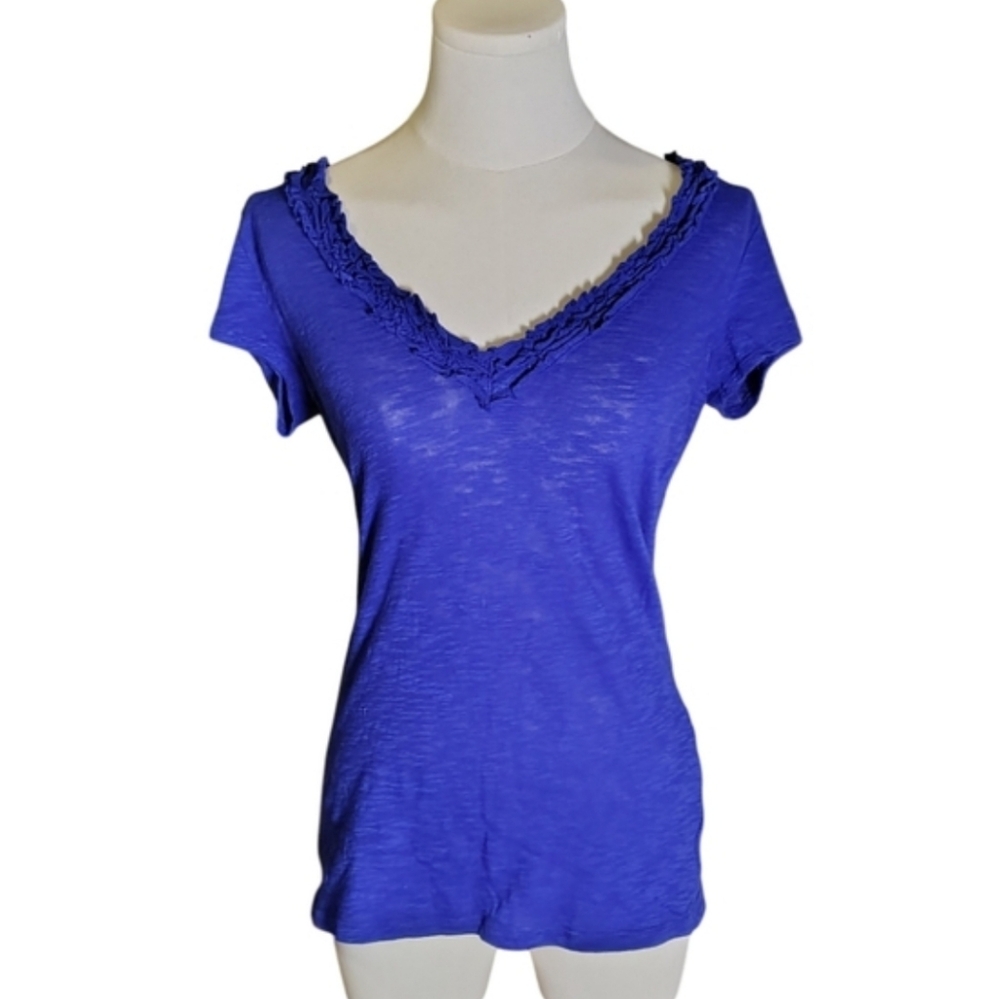Vintage INC Bright Blue Short Sleeve Tee With Ruffled Neckline Size Medium